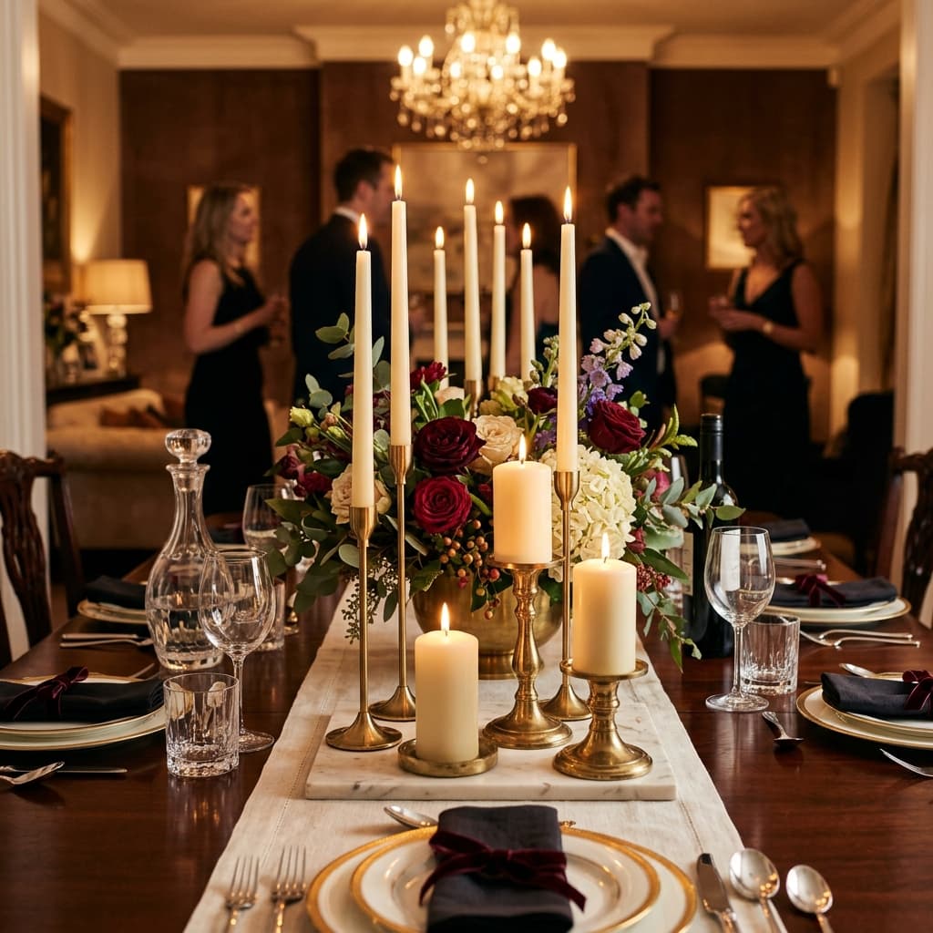 Elegant dining table candlelight centerpiece